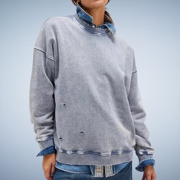 Free People Sweaters - Free People Falling Forward Snow Washed Destroyed Acid Wash Oversized Crew XS